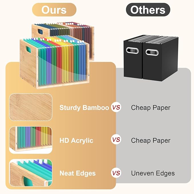 Sbanmao 3 Pack Hanging File Organizer, Clear Acrylic File Box Organizer, Bamboo Filing Box File Crate Organizer Storage Boxes