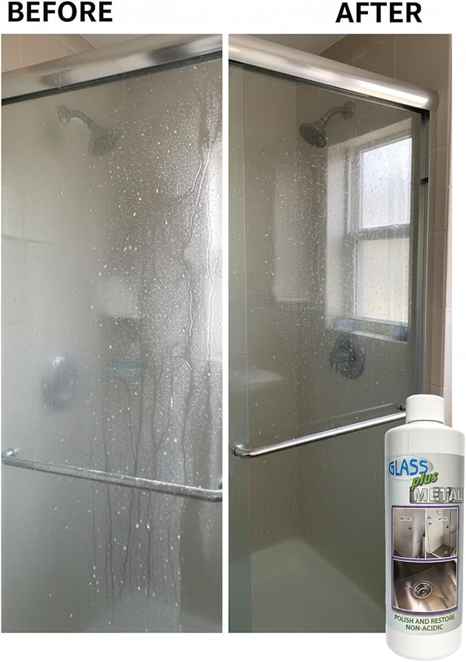 Glass Plus Metal - Polish and Restore | Safe Water Deposit & Stain Remover | Shower Glass, Stainless Steel Frames, Kitchen, B