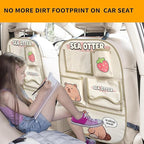 kids Leather Car Backseat Organizer with Foldable Table Tray, Car Storage Organizer with Tablet Holder, Car Seat Back Protectors Kick Mats, Travel Accessories (SEA OTTER2)