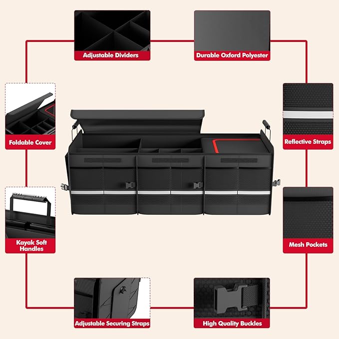MEI&CO Car Trunk Organizer - 2.5mm PP Board Built, 35L Leakproof Cooler, 105L Capacity, 2 Tie-Down Straps, 4 Adjustable Divide