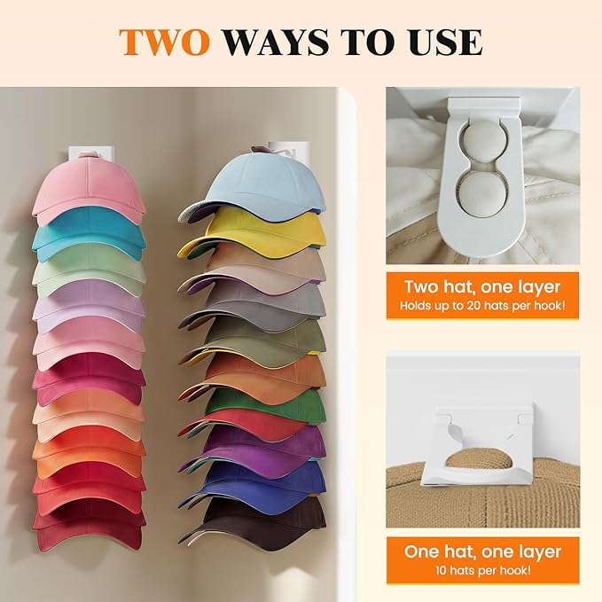 YOUDENOVA 2 Pack Hat Organizer for Baseball Caps, Adhesive or Screw-Mounted Hat Rack Holds 40 Hats, Hat Storage Display for W