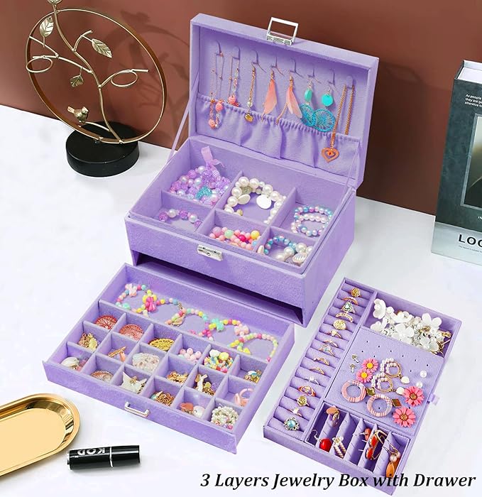 QBestry 3-Layer Jewelry Box for Girls & Teens with Lock and Key, Large Jewelry Organizer with 8 Necklace Hooks & 56 Earring H