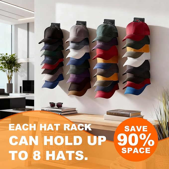 4 Pack Hat Organizer for Baseball Caps, Hat Rack for Wall, Strong Adhesive & Screw-in Cap Holder hat hangers for Closet Door 