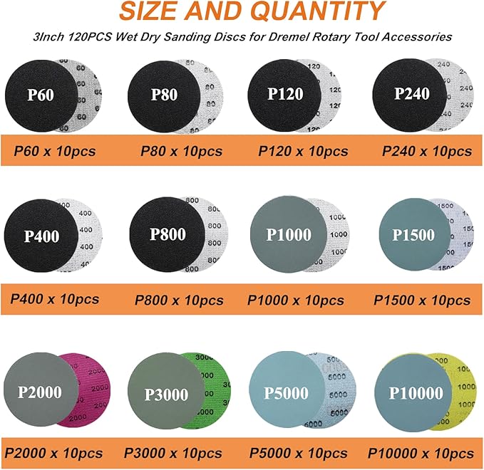 133PCS 3 Inch Sanding Discs Drill Polishing Kit,Wet-Dry 60-10000 Grit Hook-and-Loop Sandpaper,Buffing Pads Drill Sanding Attachment for Car Headlight Restoration, Metal, Wood, Resin Polishing
