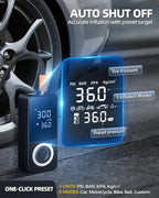 Cordless Tire Inflator Portable Air Compressor, Smart Air Pump for Car Tire with Digital Pressure Gauge, LED Light, 12V Car Power Adapter, Storage Box, 4 Valve