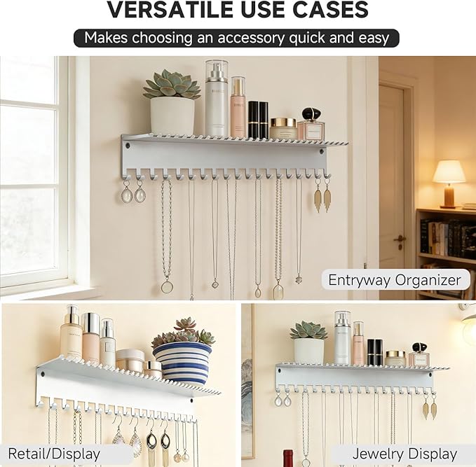 Necklace Jewelry Holder Wall Hanging Organizer Hangers Storage Mounted Shelf with 56 Hooks Tray Display Girls Women Metal Doo