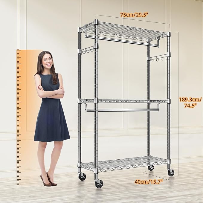 M MZG Heavy Duty Rolling Garment Rack 3 Tiers Adjustable Wire Shelving Clothes Rack with 2 Rods and Side Hooks,Storage Closet
