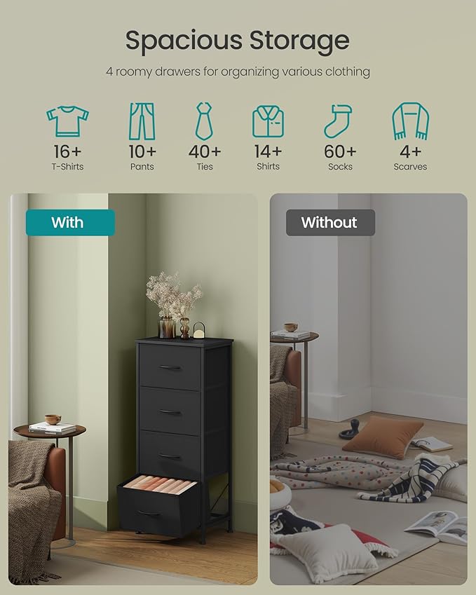 SONGMICS Dresser for Bedroom, Chest of Drawers, Steel, MDF, 4 Non-Woven Fabric Drawers, Storage Organizer Unit, Closet, Entry