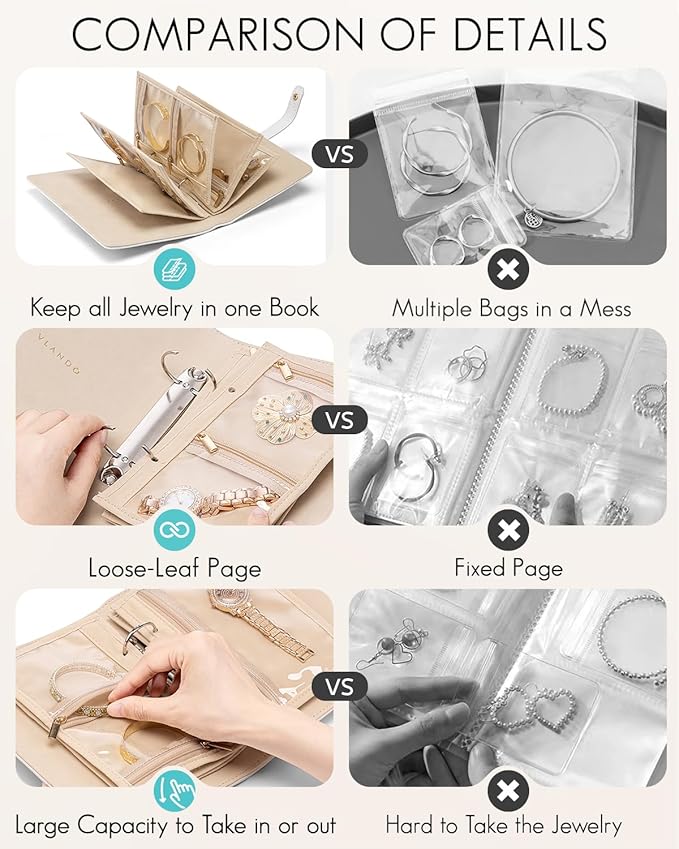 Vlando Travel Jewelry Case,Jewelry Organizers and Storage Jewelry Book Ring Binder with Clear Zipper Velvet Jewelry Pouches B