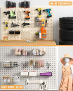 INCLY 4 Pack Pegboard Baskets Bins Set, 4 Size Square Style Metal White Wire Basket for Any Peg Board Organizing Tools, Pegbo