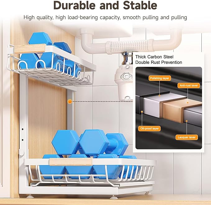 Sevenblue 2 Packs Under Sink Organizer, Height Adjustable 2 Tier Under Kitchen Sink Organizer, Multi-Purpose Storage Shelf fo