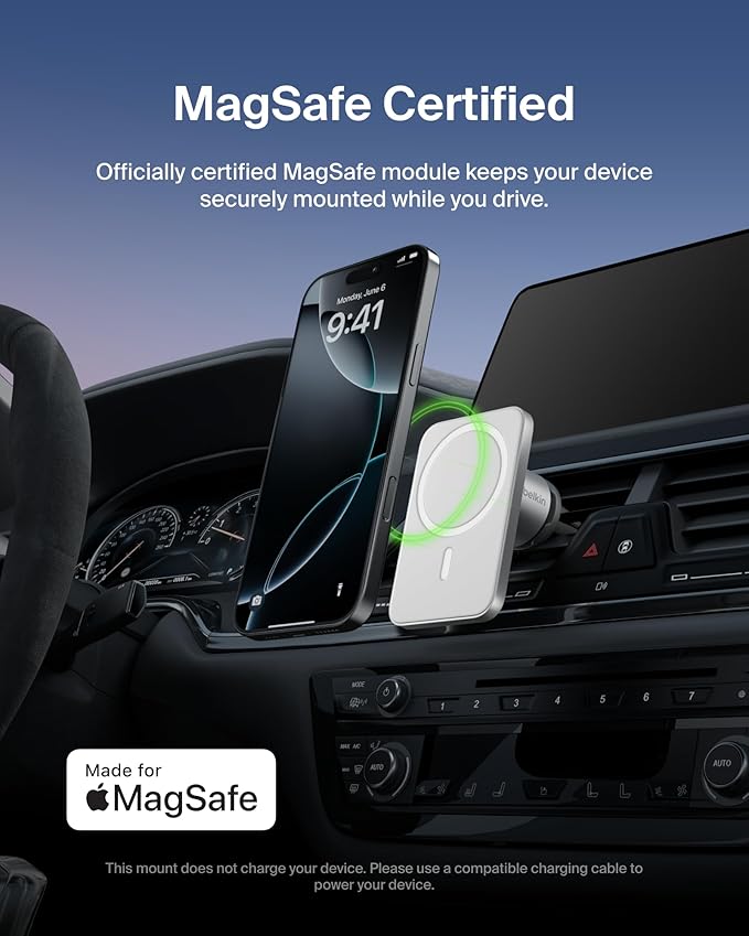 Belkin MagSafe Vent Mount Pro - MagSafe Phone Mount for Car, Magnetic Phone Holder Compatible with iPhone 17, 16, 15, Series, 14 Series, Pixel 10, and More - Gray