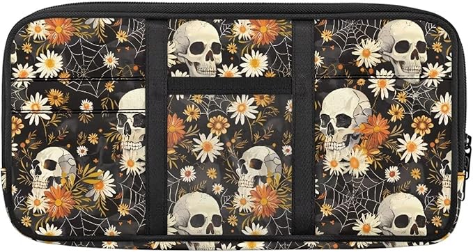 Skull Daisy Zippered Auto Car Sun Visor Organizer with Adjustable Straps and Multi-Pocket Car Sun Visor Storage Box with Picture Holder Easy Installation Universal Fit for Most Cars SUV