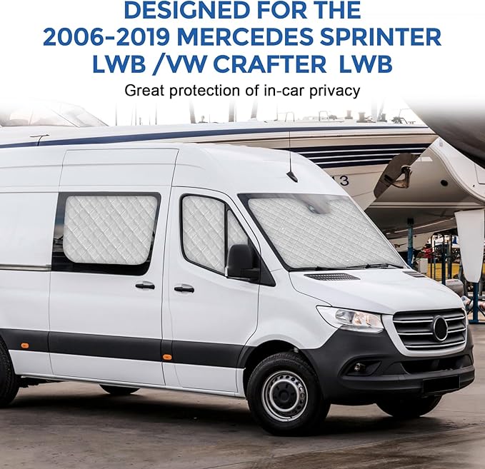 Mercedes Sprinter Sun Shade 7-Piece Set 2006-2019 | Full Cabin Thermal Insulation Kit for LWB Vans | UV Blocker + Privacy Covers (Front/Rear/Side Windows)