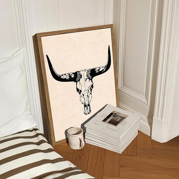 Vintage Western Wall Art Set of 3, Southwestern Cowboy Wall Decor Paintings, Black and White Longhorn Bull Skull Canvas Print