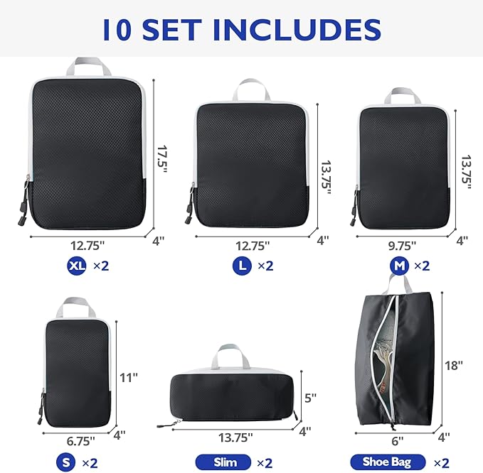 Compression Packing Cubes, 10 Set Packing Cubes for Travel Compression, Lightweight Compressible Package Organizer for Carry 