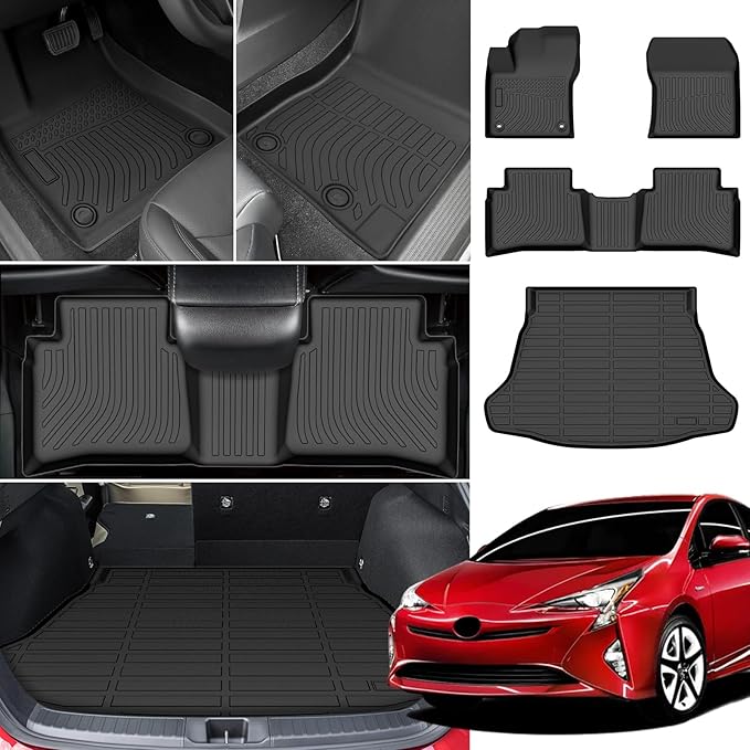 Floor Mats for Toyota Prius 2016 2017 2018 2019 2020 2021 2022(NOT for Prius c & Prius v &Hybrid), Front Rear Mats & Cargo Liner, TPE Non-Slip Waterproof Summer Winter Car Accessories