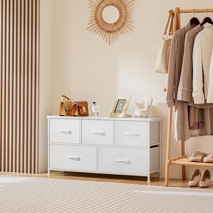DUMOS Dresser for Bedroom, 5 Storage Drawers, Wide Fabric Closet Chests Organizer Tower Furniture with Wooden Top Metal Frame