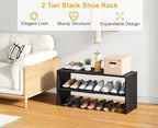 Black Shoe Rack Organizer for Closet, 2-Tier Expandable Shoe Shelf, Stackable Iron Wood Combination Small Shoe Racks Shelves 
