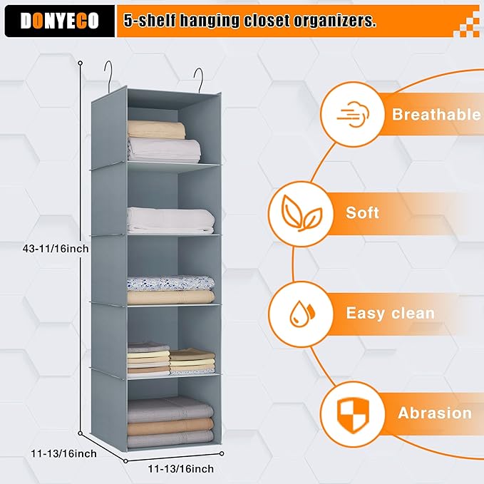 Hanging Closet Organizer 5-Shelf, Easy Mount Foldable Wardrobe Storage Shelves, Clothes Handbag Shoes Accessories, Washable O