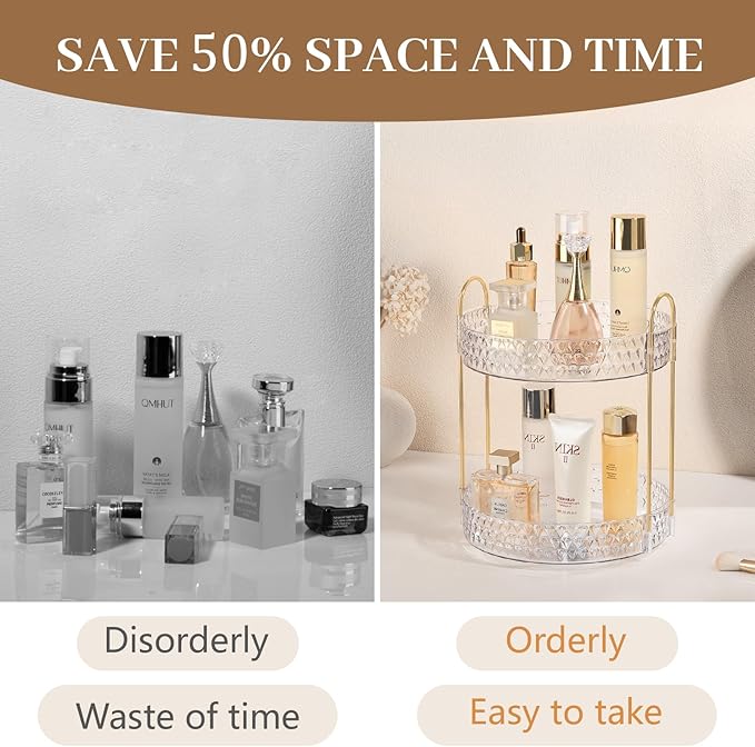 Rotating Makeup Organizer for Vanity, 2 Tier Perfume Skincare Storage for Women, Bathroom Counter Organizer, 360 Spinning Cos