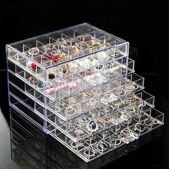 YUFONG Earring Storage Box Organizer, Acrylic Jewelry Storage Box Holder 5 Drawers Transparent Jewelry Display Stand with 120