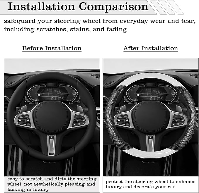 5D Honeycomb Knight White Car Steering Wheel Cover,14.5-15 Inch Universal Carbon Fibre Leather Covers Breathable Anti-Slip Od