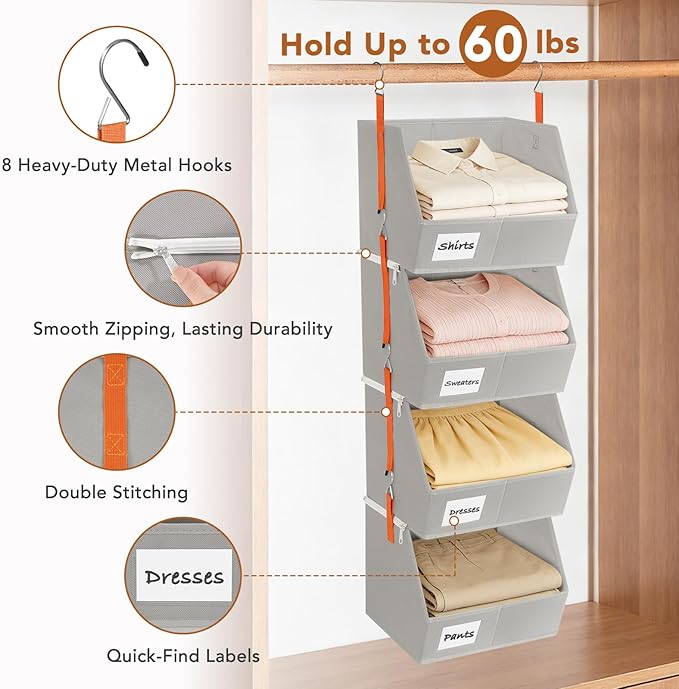 4 Pcs Modular Closet Organizer - Detachable & Foldable Hanging Storage Cubes, 88L Total Capacity, Heavy Duty Fabric Shelves f