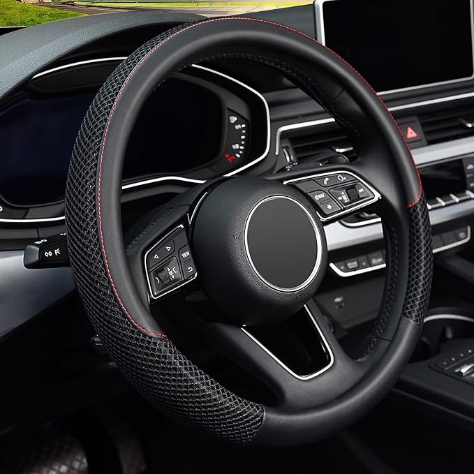 KAFEEK 16 inch Steering Wheel Cover, Black Microfiber Leather Viscose, Breathable, Compatible for F150 F250 F350 Ram 4Runner 
