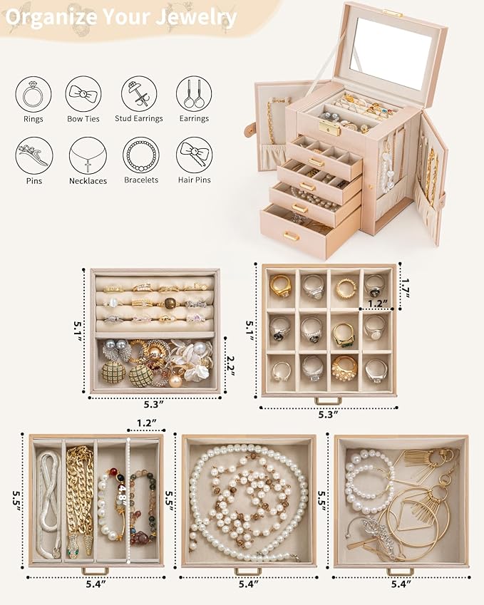 AKOZLIN 5-Tier Jewelry Box Leather Jewelry Storage Organizer with 4 Drawers Lockable for Women Girls Ring Necklace Earring Br