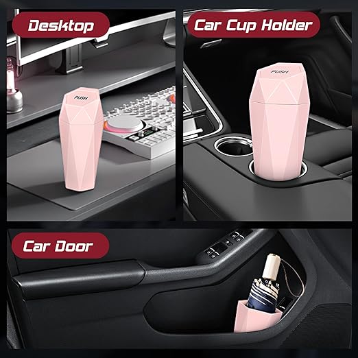 Car Trash Can with Lid, Mini Car Trash Cup with 30 Additional Trash Bags, Car Accessories for Interior, Leakproof Vehicle Garbage Bin for Car, Home, Office - 2 Packs, Pink