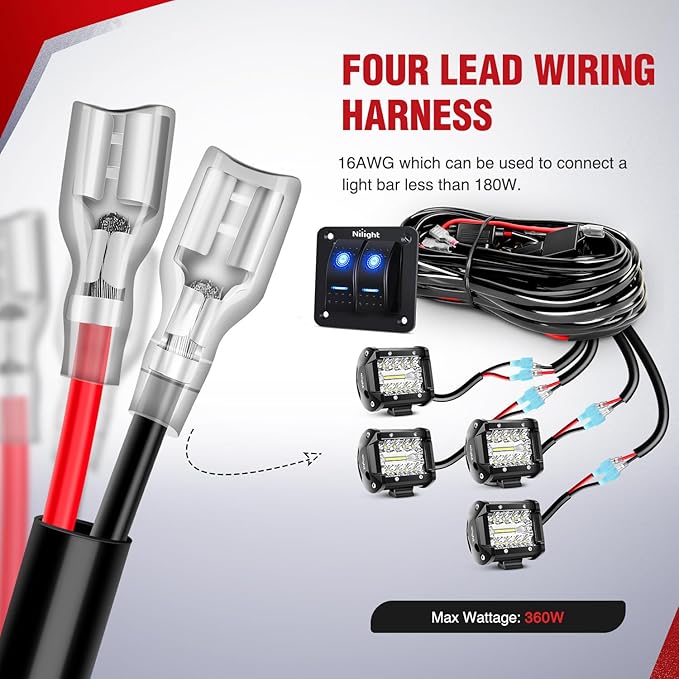 Nilight 16AWG LED Light Bar Wiring Harness Kit 12V On/Off 2 Gang Rocker Switch Panel Power Relay Blade Fuse 5Pin Toggle Switches for Cars Boat ATV Trucks-4 Leads