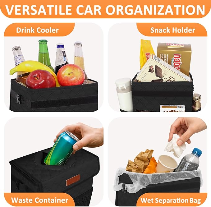 Car Trash Can for Cute, Bag Bin Hanging Waterproof Automotive Car Garbage Cans Leak Proof Vehicle Trash Can Diamond Pattern-Black