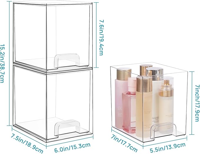 Vtopmart 7.6" H Clear Stackable Storage Drawers, 2 Pack Plastic Organizers Bins for Skincare, Cosmetics,Beauty Supplies,Ideal