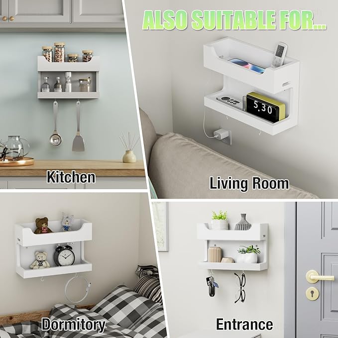NiHome Wall Mounted Wooden Bedside Accessories Organizer, Double Tray Bedside Storage Shelf Rack with Magnetic Hooks, Bedroom