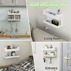 NiHome Wall Mounted Wooden Bedside Accessories Organizer, Double Tray Bedside Storage Shelf Rack with Magnetic Hooks, Bedroom
