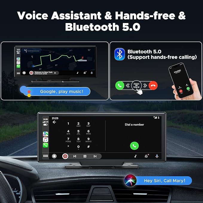 LAMTTO 9.26" Wireless Carplay and Android Auto with 2.5K Dash Cam, 1080P Backup Camera, Portable Touchscreen GPS Navigation f