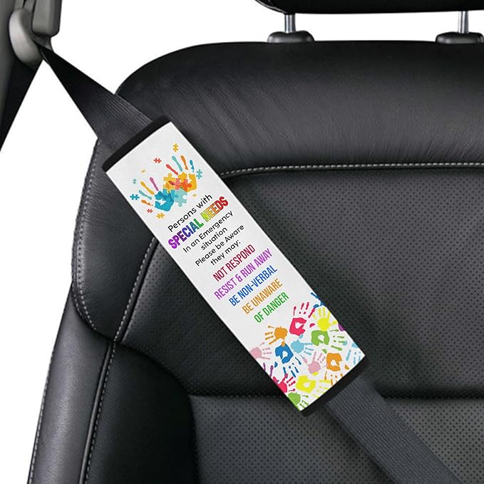 Personalized Name Non Respond Autism Colorful Hand Seat Belt Cover Autism Awareness Medical Alert Autism Seatbelt Cover for Kids Non-Verbal Autistic Special Needs Autism Car Accessories AT34