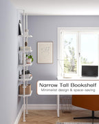 ALLZONE 5 Tiers Narrow Bookshelf, Tall Adjustable Ladder Book Shelf with Open Storage, Floor to Ceiling Tension Mount, Wooden