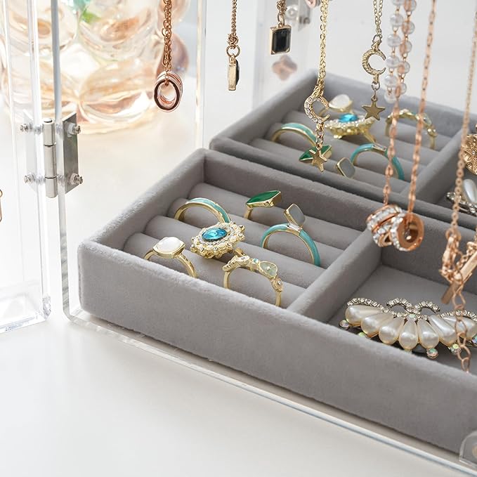 Lolalet Necklace Holder Organizer, Acrylic Jewelry Organizer with 24 Hooks, Rotating Clear Necklaces Display Box with Built-i