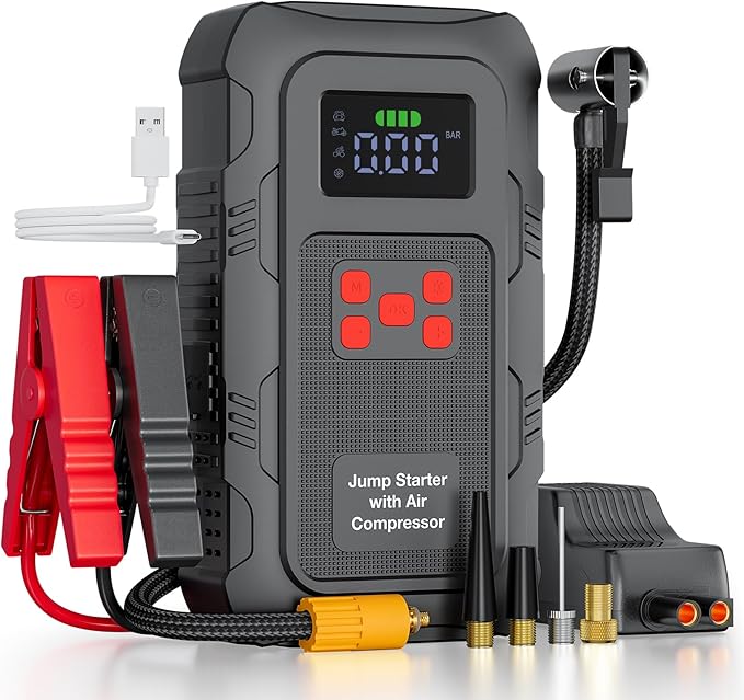 6000A Jump Starter with Air Compressor Portable Car Battery Jump Starter with 150 PSI Tire Inflator for Up to 10.0L Gas and