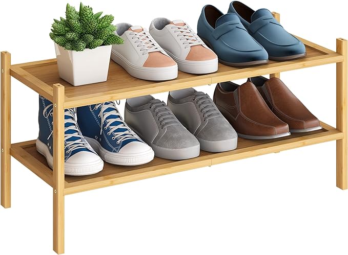 BMOSU 2-Tier Bamboo Shoe Rack Premium Stackable Shoe Shelf Storage Organizer for Hallway Closet Living Room Entryway Organize