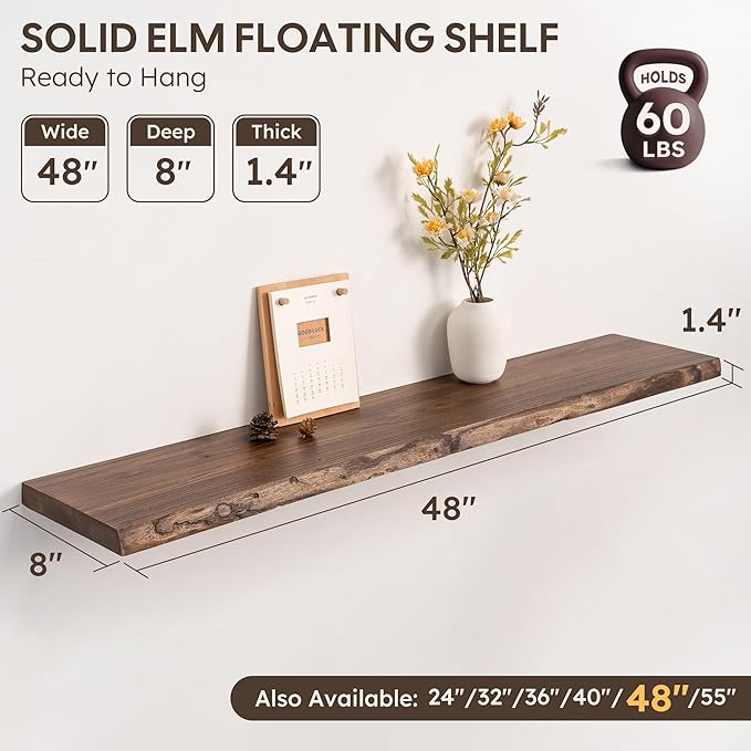 Live Edge Floating Shelf, 48 Inch Solid Elm Wood - Vintage Rustic Wood Wall Shelf with Invisible Brackets for Living Room, Ki