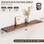 Live Edge Floating Shelf, 48 Inch Solid Elm Wood - Vintage Rustic Wood Wall Shelf with Invisible Brackets for Living Room, Ki