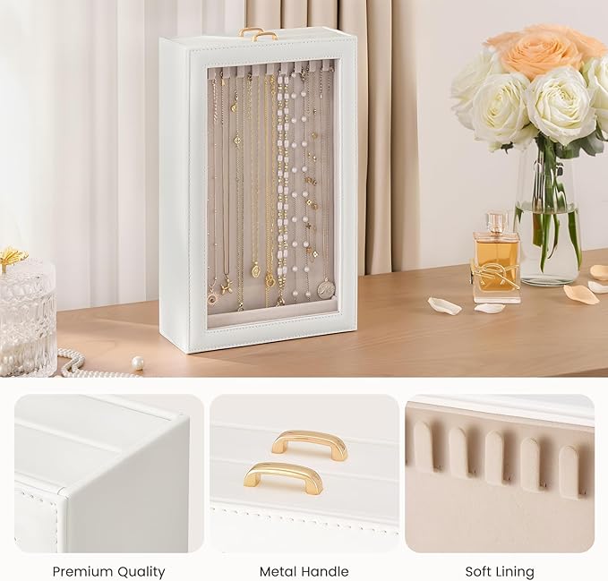 Lolalet Necklace Organizer Box, Jewelry Storage Box with Clear Window for Necklaces Bracelets, Tangle-Free Necklace Display C