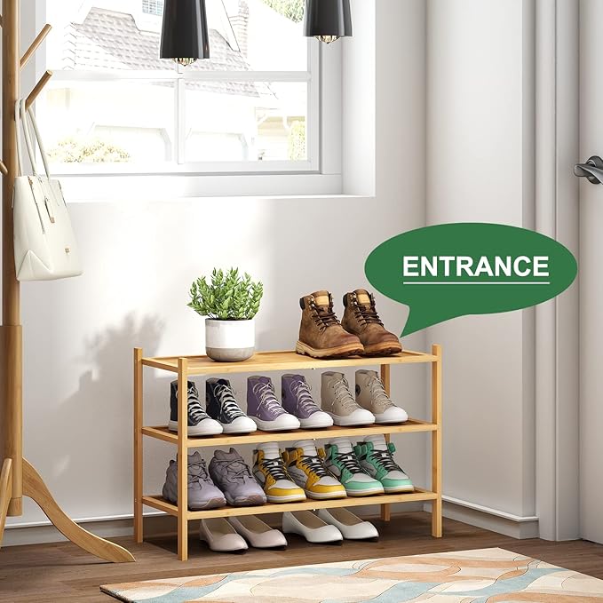 kiplant 3-Tier Shoe Rack for Closet, Bamboo Wood Shoe Rack for Indoor & Outdoor, Stackable Shoe Organizer for Entryway (Natur