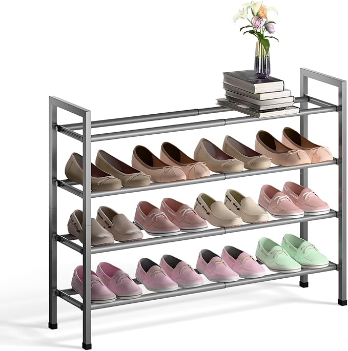 Bumusty 4-Tier Expandable Shoe Rack for Closet, 18“-33” Adjustable Shoe Rack for Small Space, Small Shoe Organizer for Front 