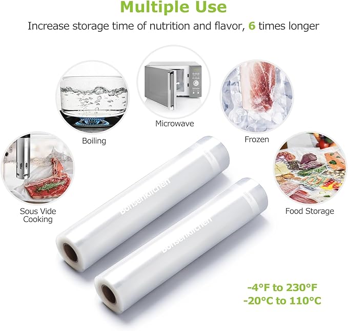 Bonsenkitchen Vacuum Food Sealer Rolls Bags, 2 Packs 8 in x 20 ft, BPA Free, Durable Commercial Customized Size Bags for Stor