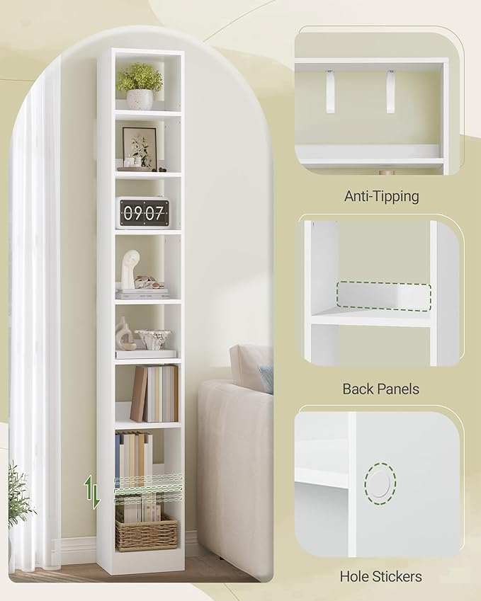 Hzuaneri Bookcase, Tall Narrow Bookshelf, Open Display Storage Shelf, Skinny Cube Book Shelf with Adjustable Shelves, CD Rack