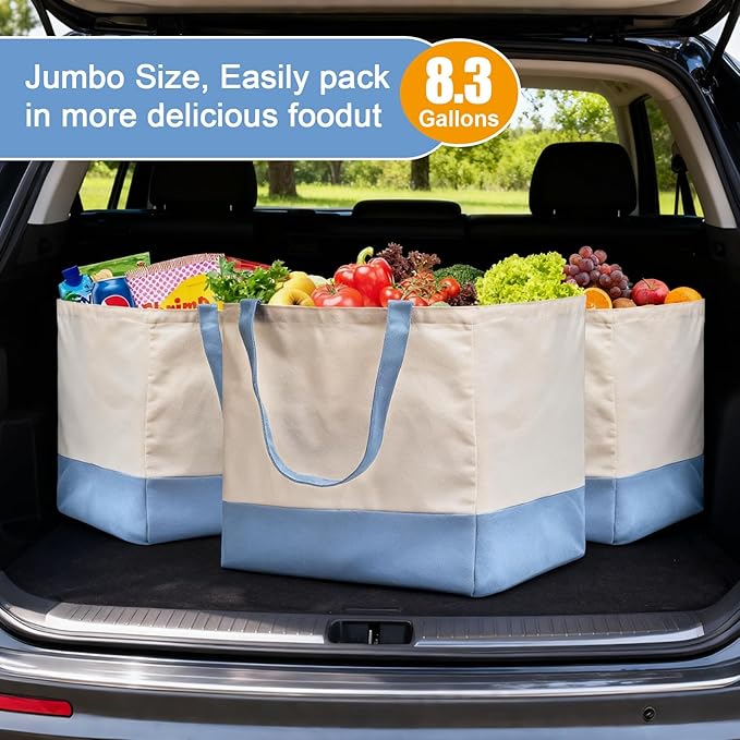 Reusable Grocery Bags Heavy Duty, 8.3 gal Foldable Large Canvas Tote Bag with Handles, Holds 60 lbs Canvas Shopping Bags, 3 Pack（Off White+Light Blue）
